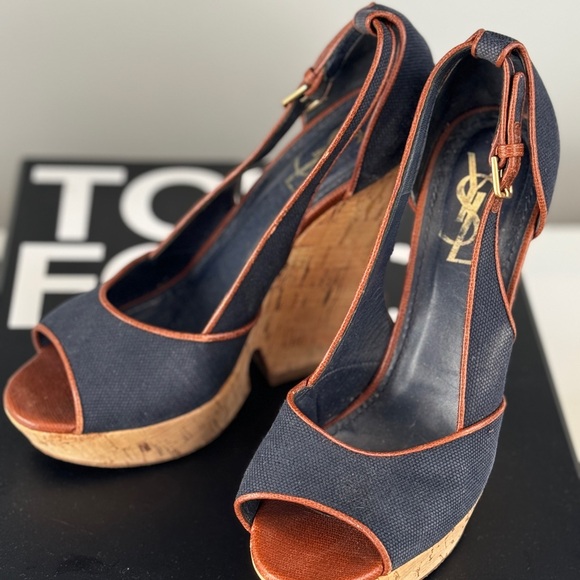 YSL Deauville Blue Canvas Brown Leather Platform Wedge Cork Heels 8 - Picture 6 of 6